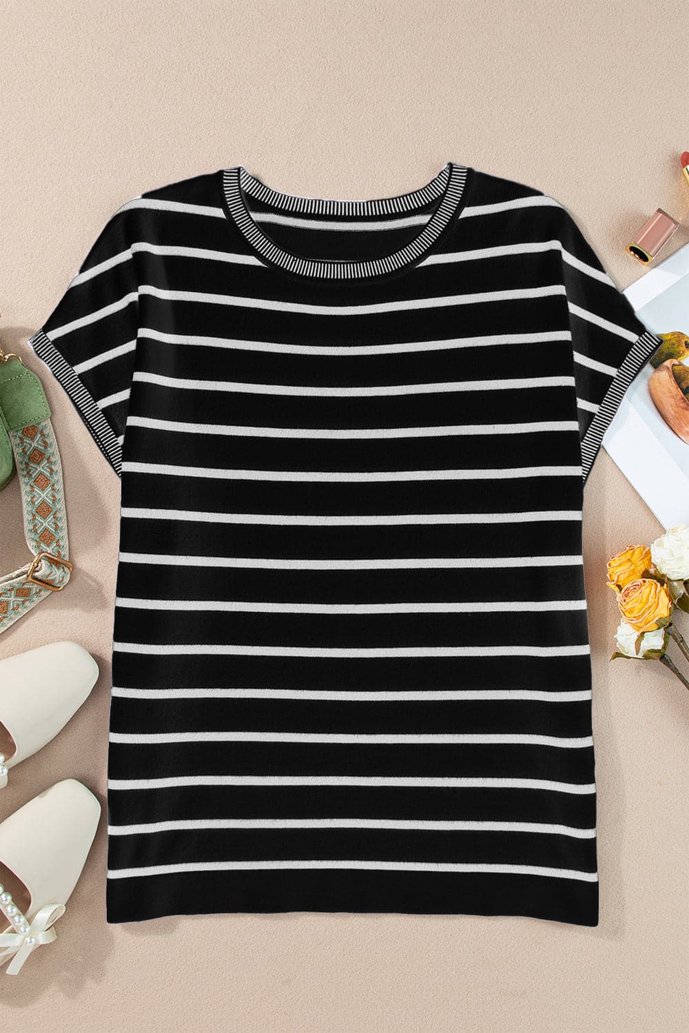 Striped Round Neck Cap Sleeve Knit Top.