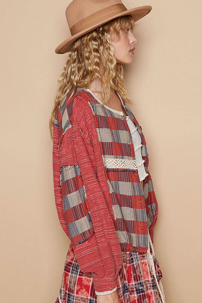 POL Round Neck Long Sleeve Plaid Shirt