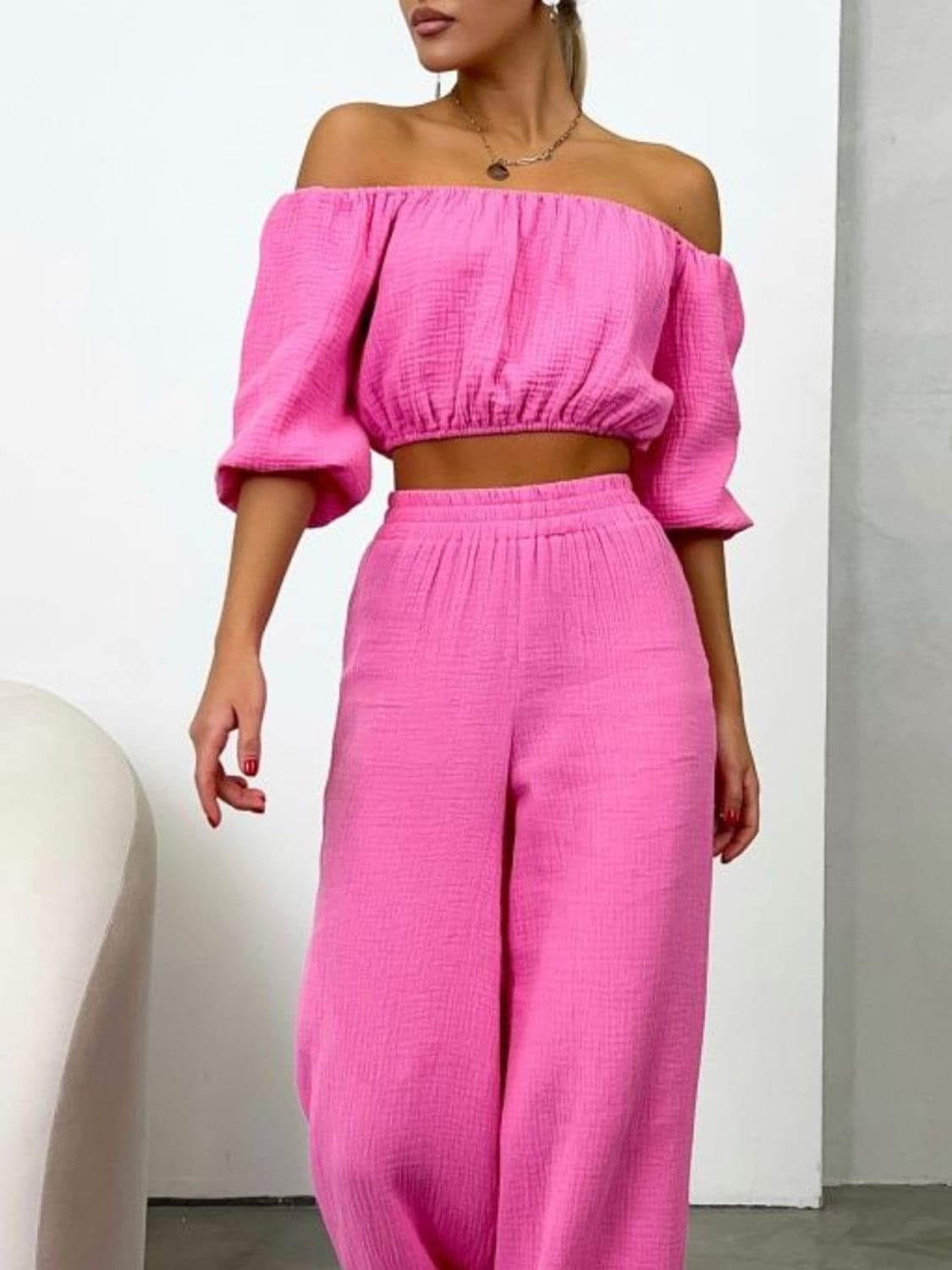 Off Shoulder Long Sleeve Top and Pants Set.