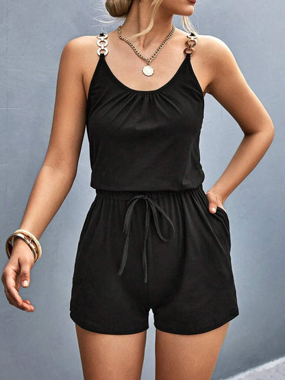 Pocketed Buckle Trim Scoop Neck Romper.