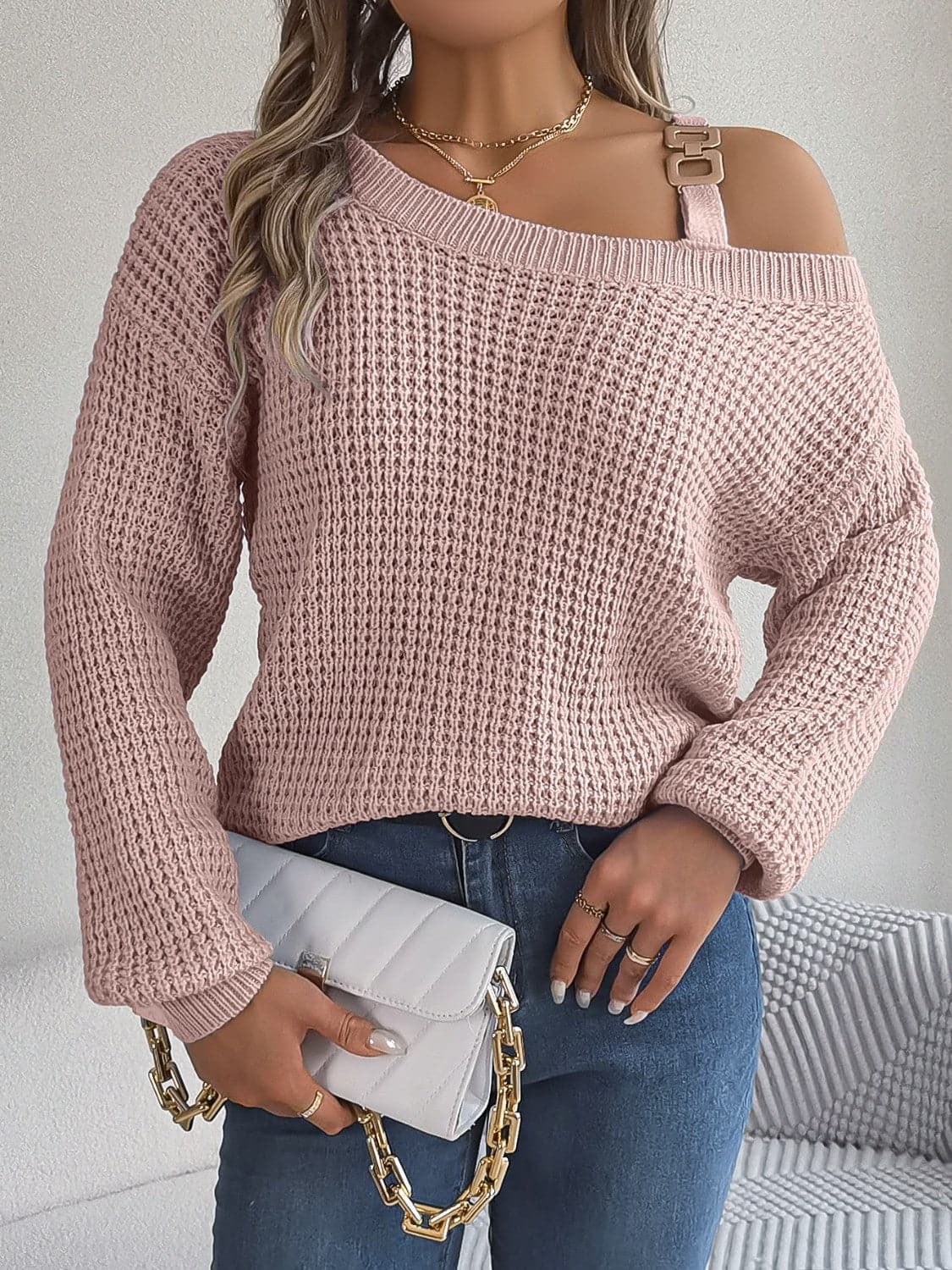 Asymmetrical Neck Long Sleeve Sweater.