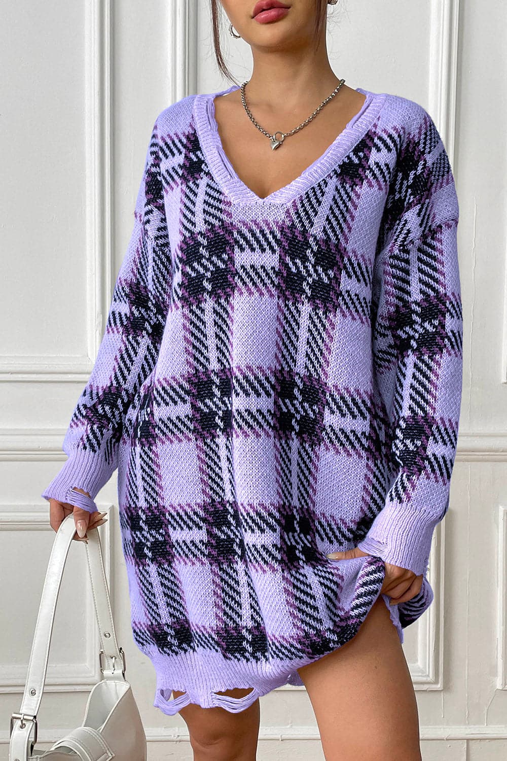 Plaid V-Neck Long Sleeve Sweater Dress.