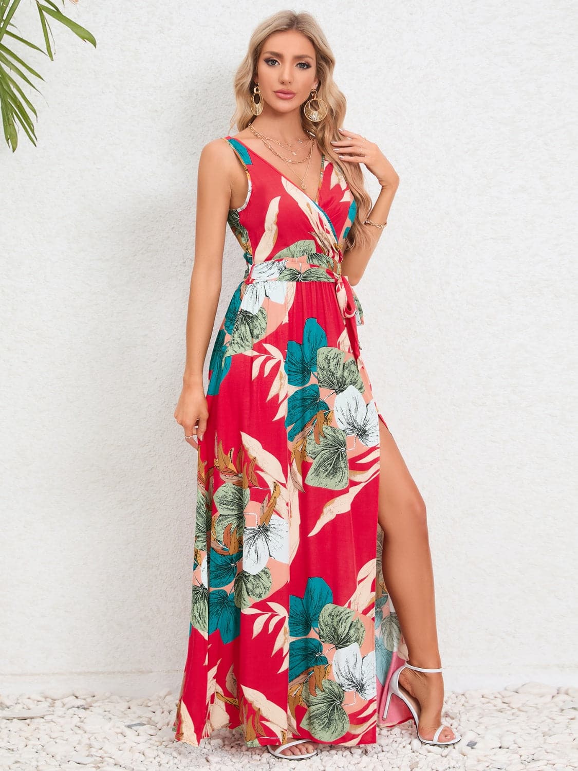 Slit Tied Printed Surplice Dress.