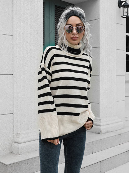 Striped Slit Turtleneck Drop Shoulder Sweater.