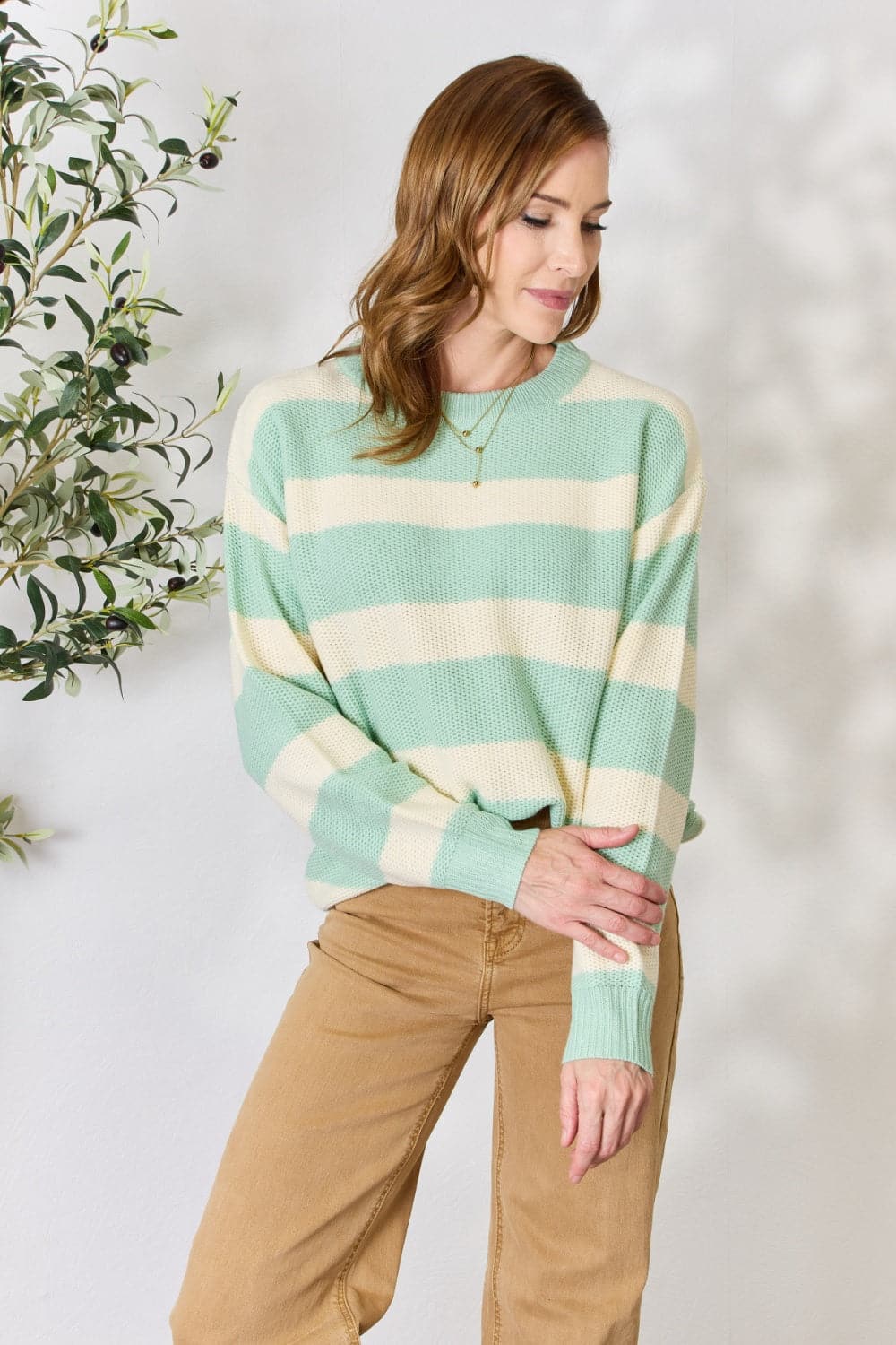 Sew In Love Full Size Contrast Striped Round Neck Sweater.