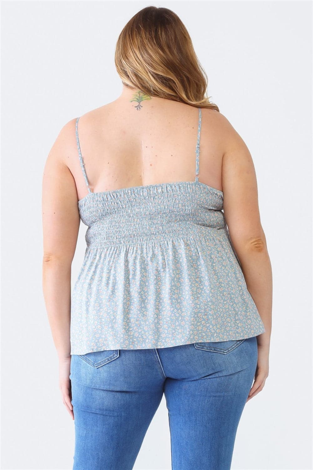 Zenobia Plus Size Frill Smocked Floral Sweetheart Neck Cami.