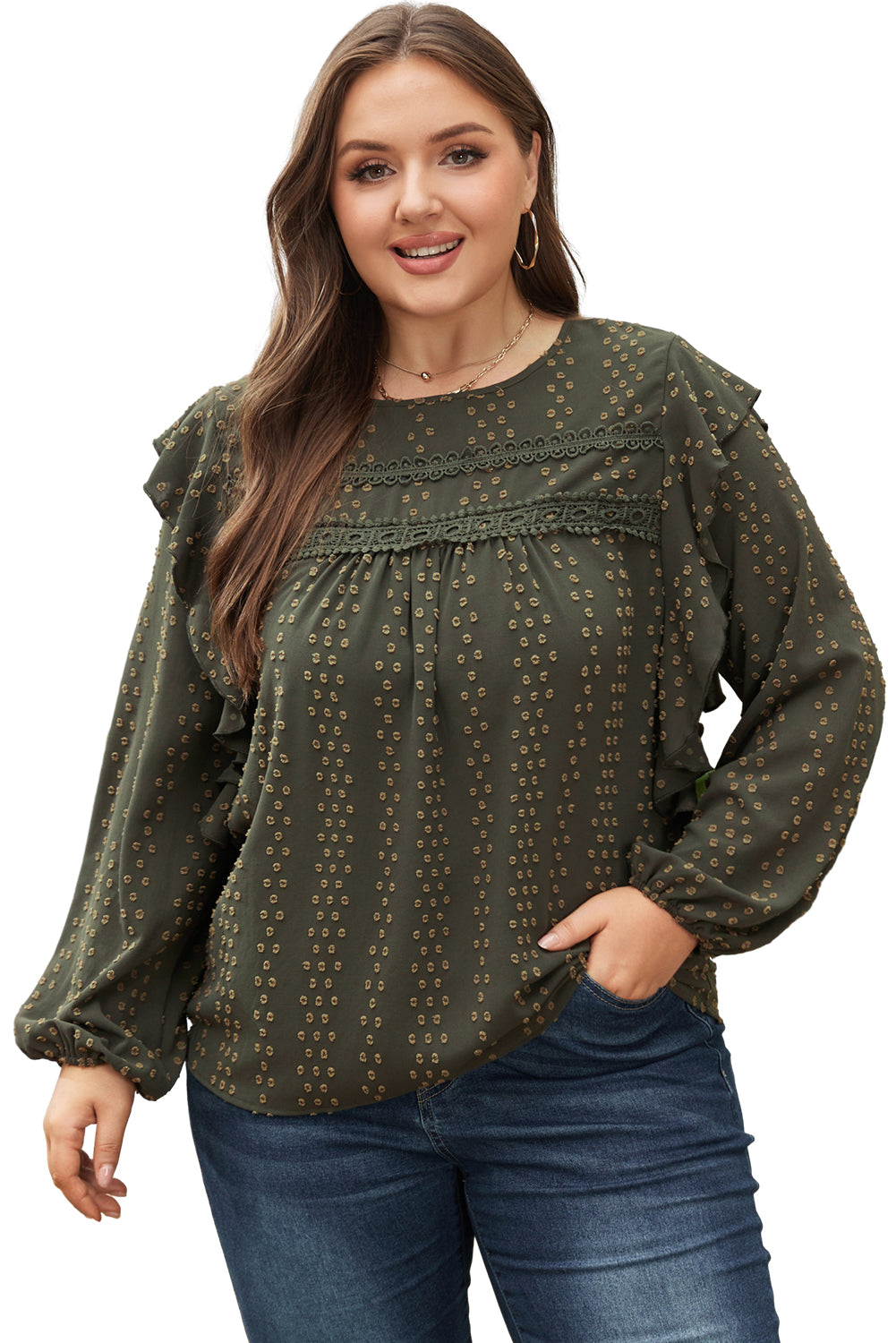 Mist green plus ruffle long sleeve top with lace details