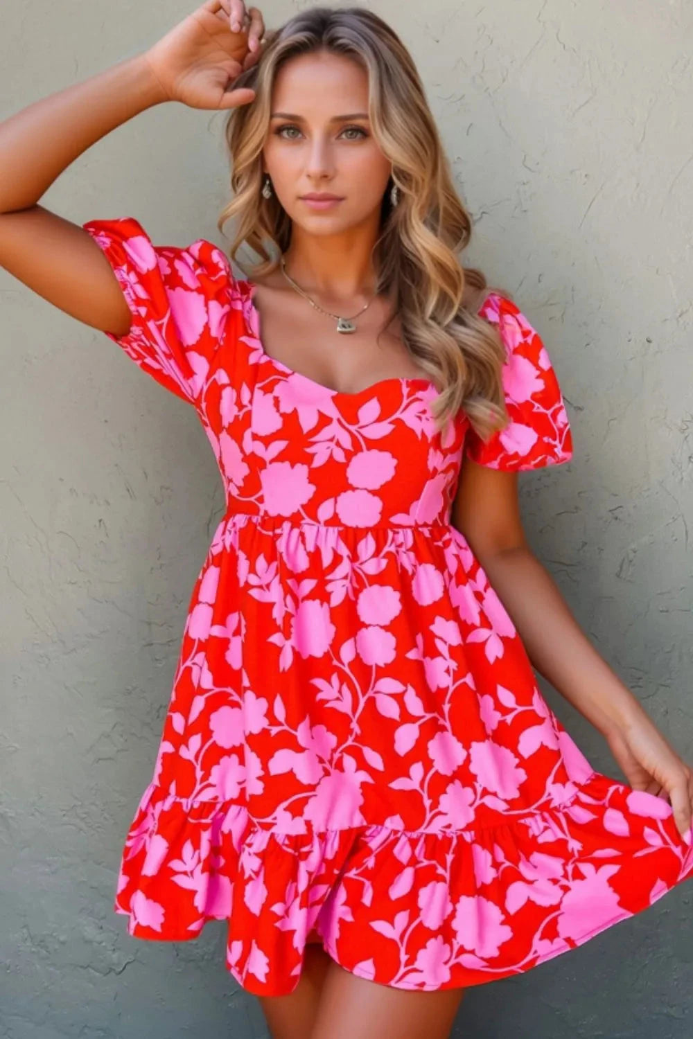 Floral Puff Sleeve Sweetheart Neck Ruffled Mini Dress Simply Love