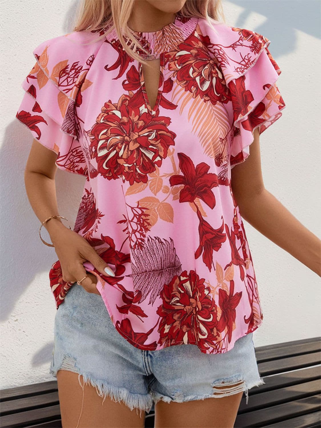 Ruffled Printed Round Neck Short Sleeve Blouse.