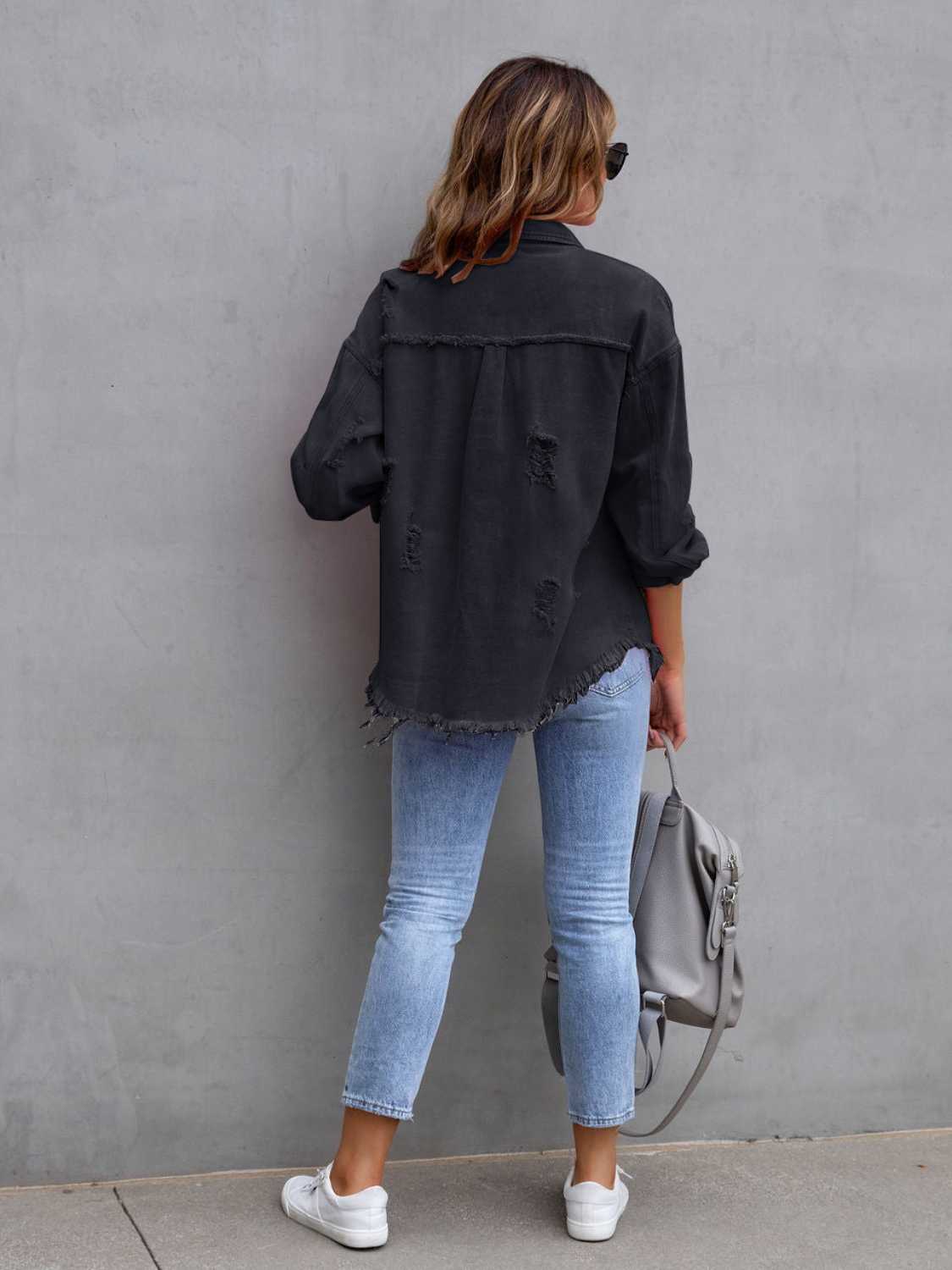 Distressed Drop Shoulder Denim Jacket Coco’s Tee Boutique