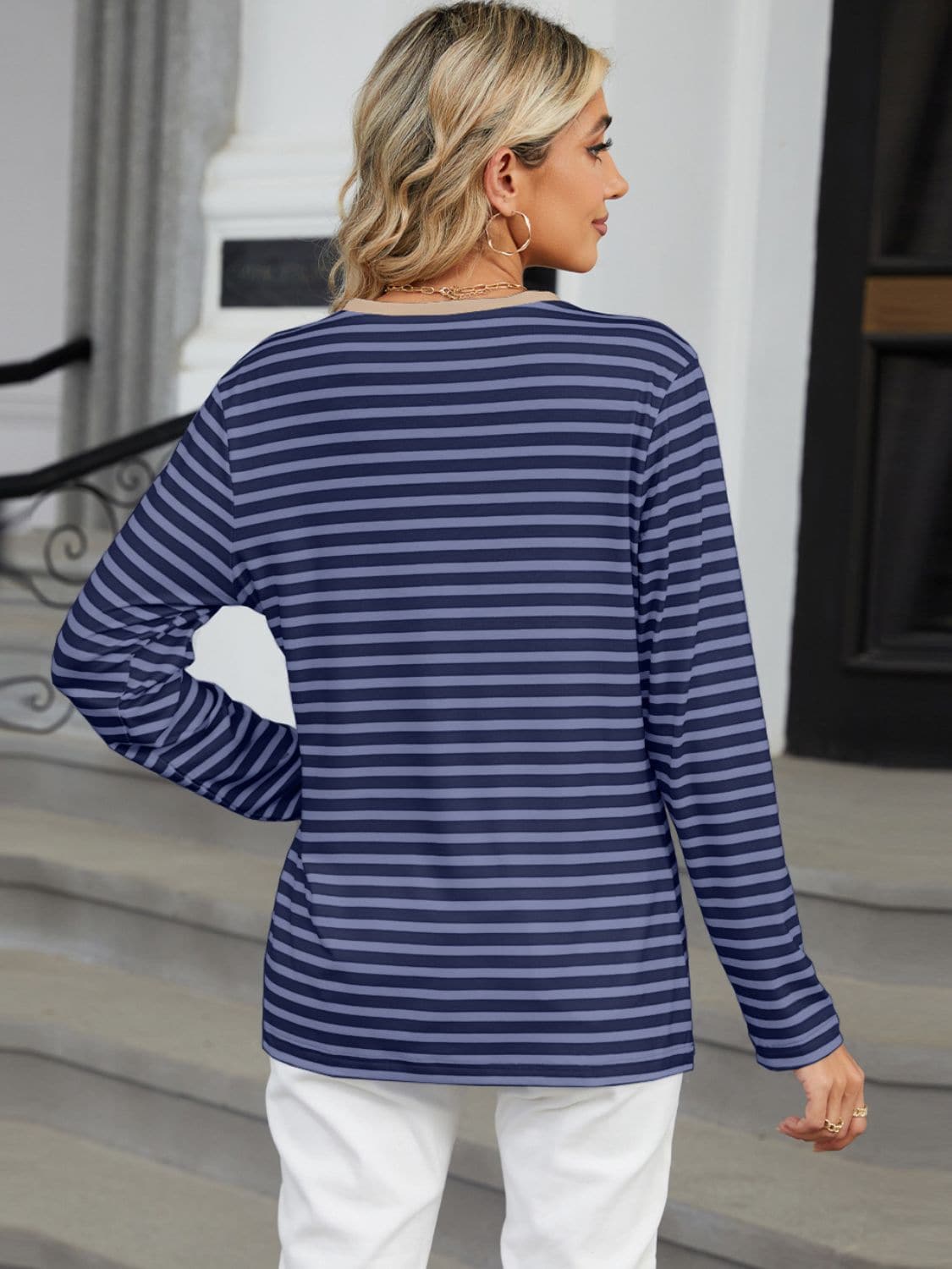 Striped Notched Long Sleeve T-Shirt.