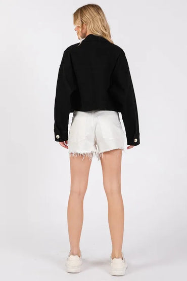 Bytos Button Down Cropped Denim Jacket With Patch Pockets Black Wash - Love Salve 
