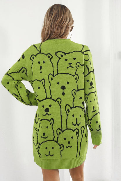 Bear Pattern Round Neck Sweater Dress.