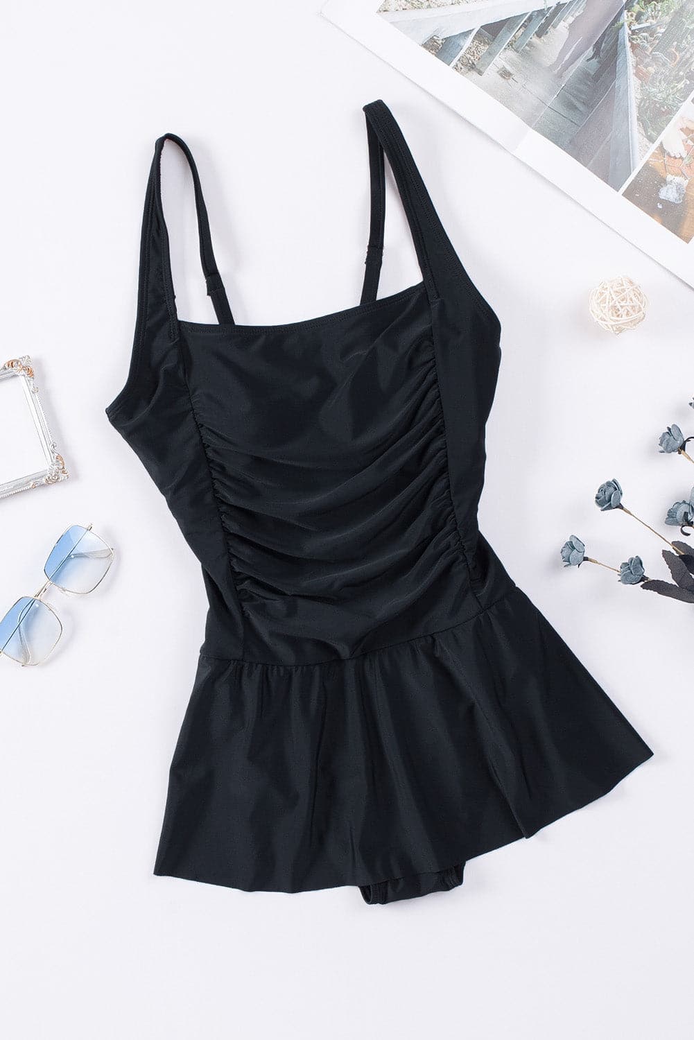 Ruched Square Neck Sleeveless One-Piece Swimwear.