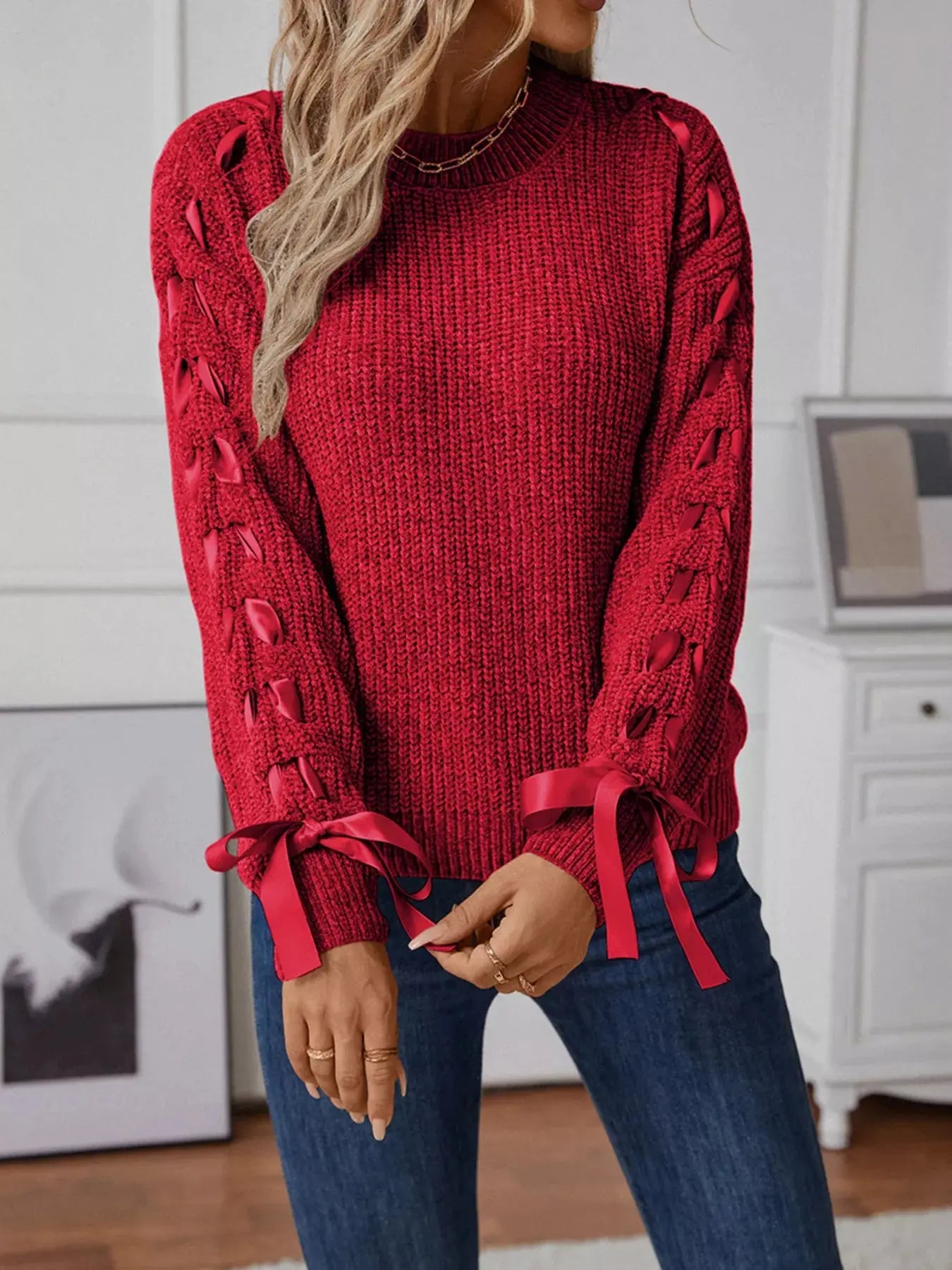 Ribbon-Tie Sleeve Round Neck Sweater Simply Love