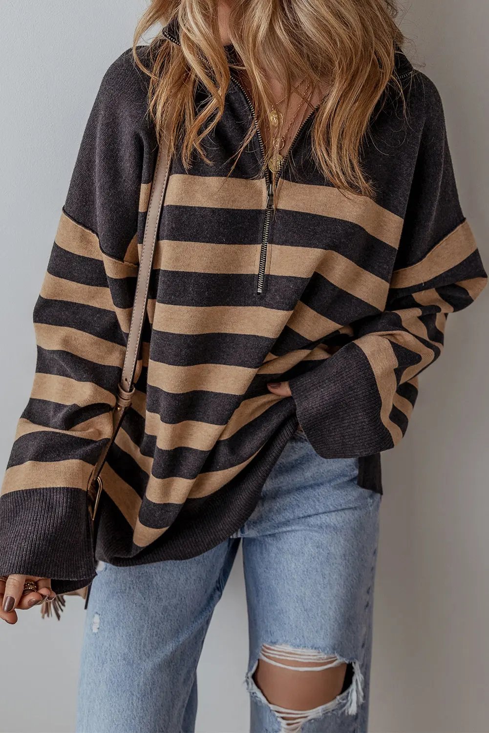 Adeline Stripe Oversized Sweater with Quarter Zipper - Love Salve 