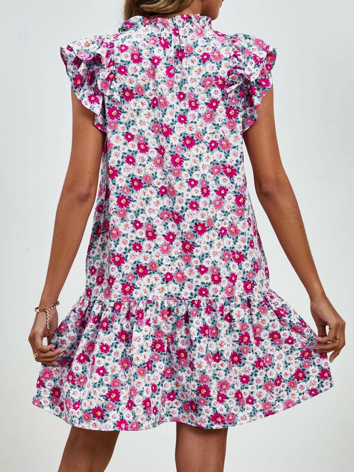 Tied Floral Cap Sleeve Mini Dress.