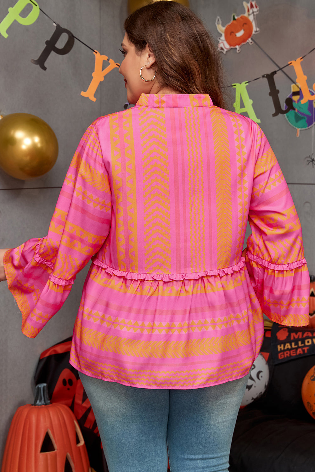 Chic geometric embroidered plus size bell sleeve babydoll blouse in vitality orange