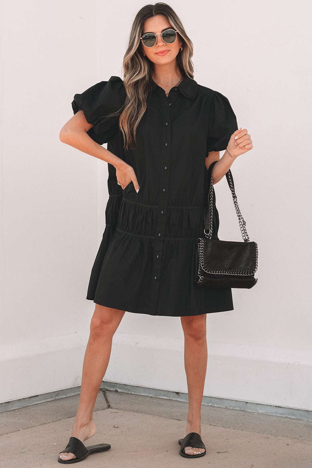 Chic Black Puff Sleeve Ruffle Hem Button Down Dress