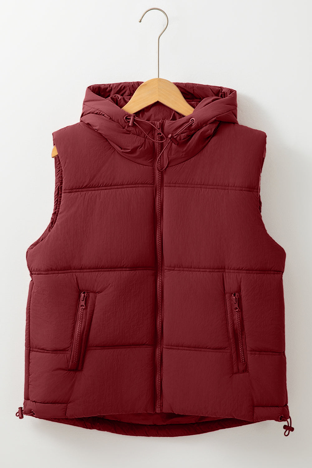 Clay hooded puffer vest with zip-up and side pockets