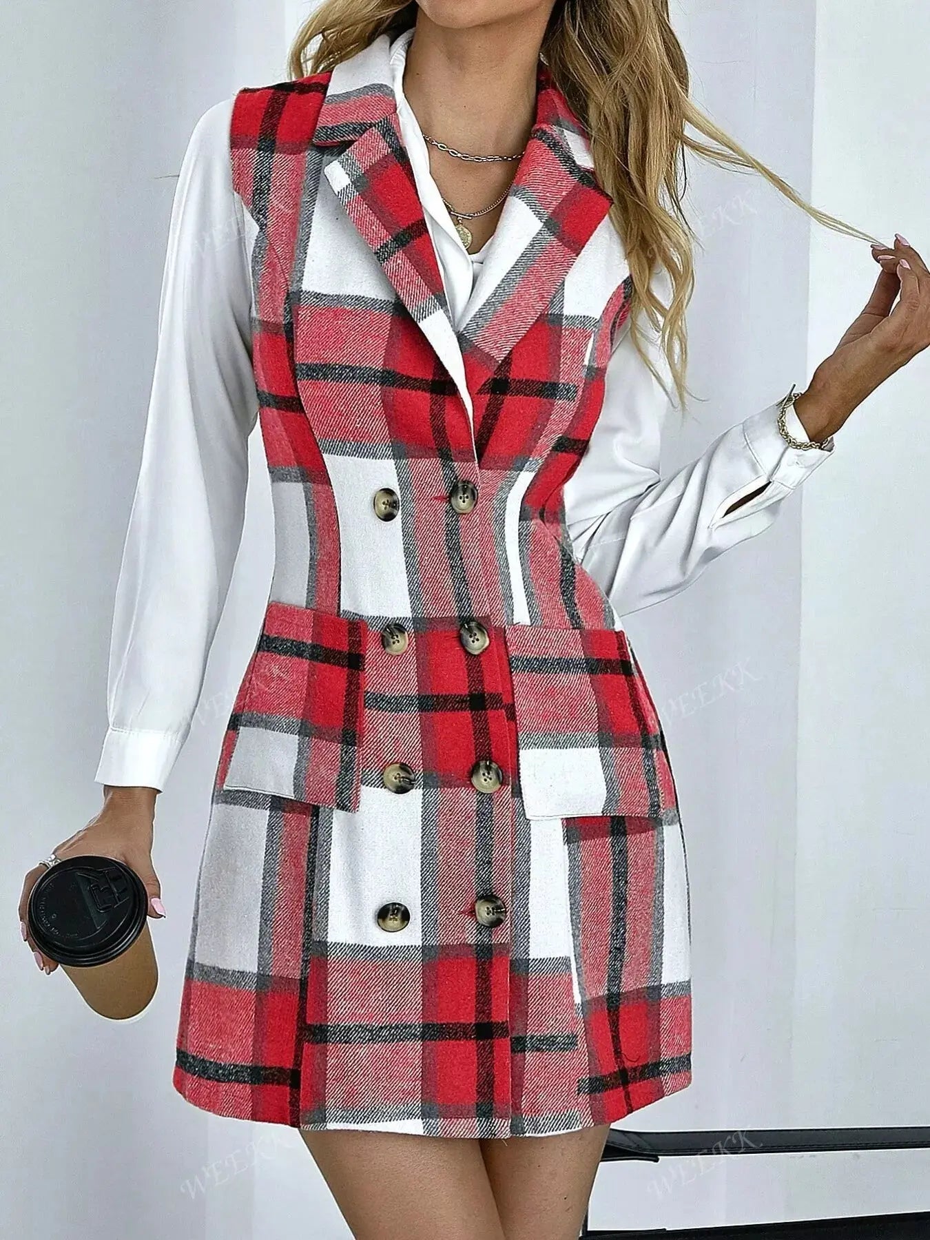 Plaid Double-Breasted Sleeveless Blazer Dress Simply Love