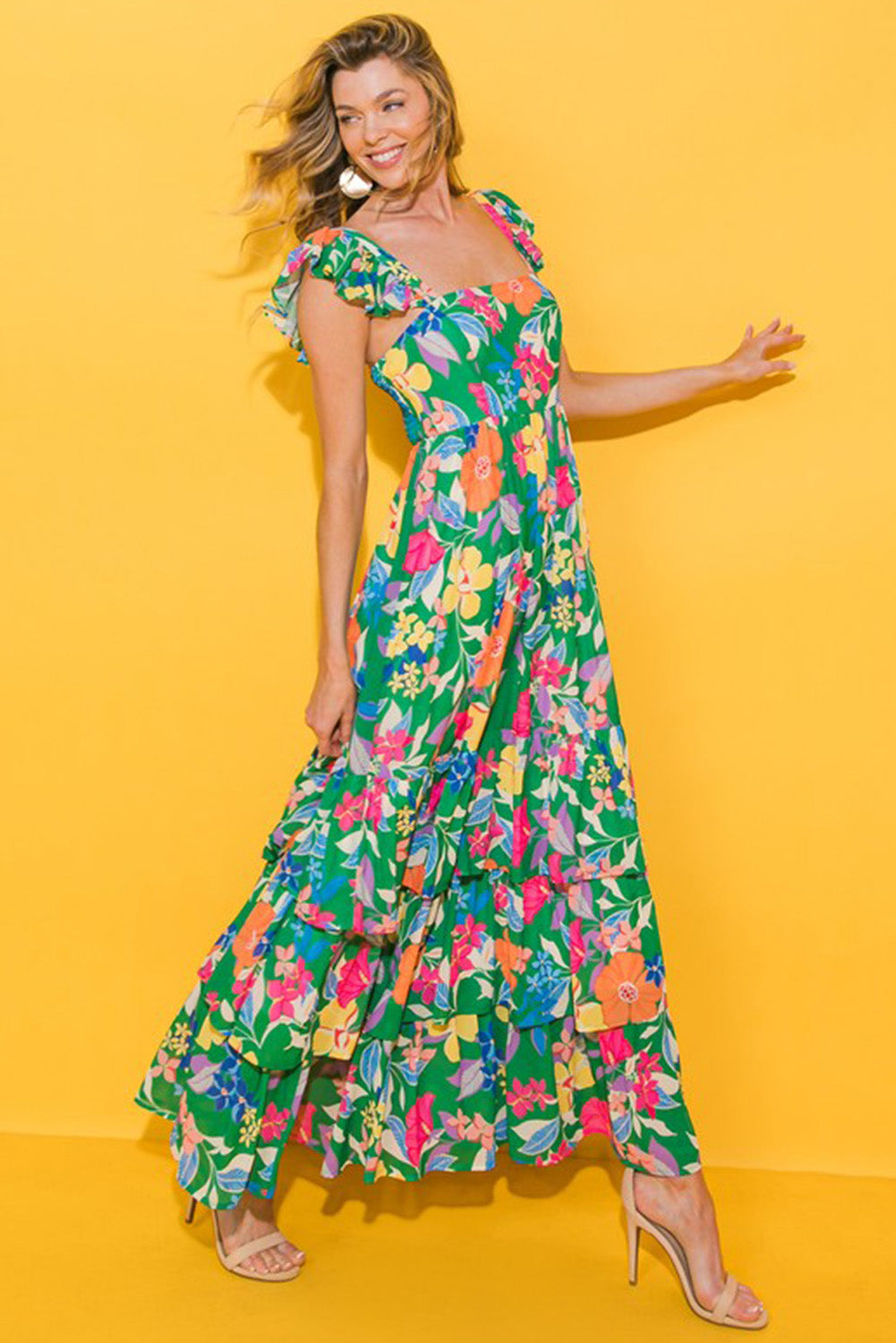 Green Floral Print Sleeveless Ruffle Tiered Maxi Dress Delight