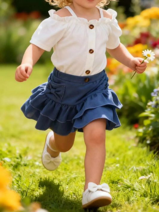 Children's Off-Shoulder Top and Ruffled Denim Skirt Set Simply Love