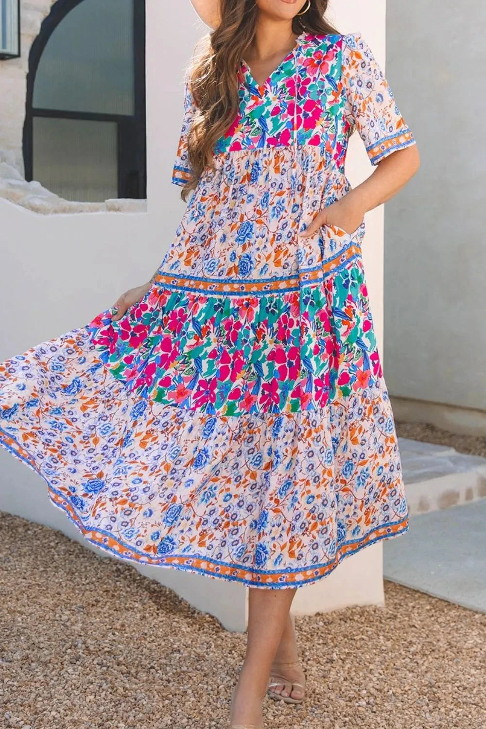 Mixed Floral Print Tie Neck Short Sleeve Dress Simply Love