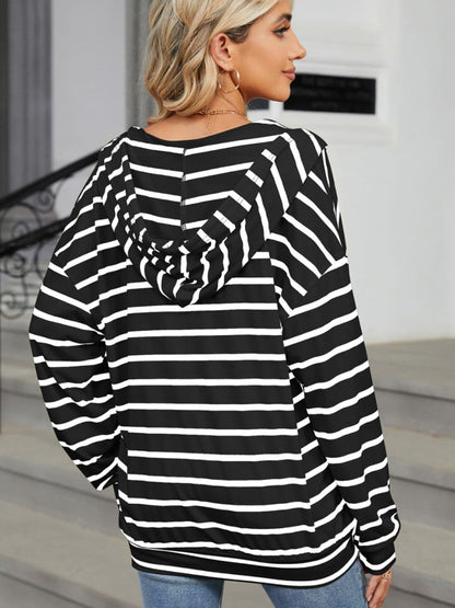 Drawstring Striped Long Sleeve Hoodie.