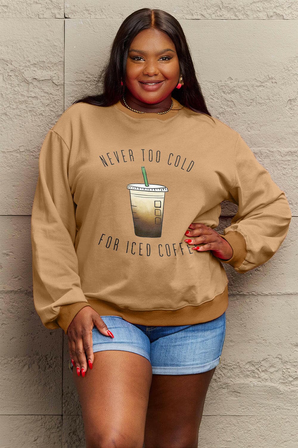 Iced coffee themed cozy round neck sweatshirt featuring soft cotton blend.