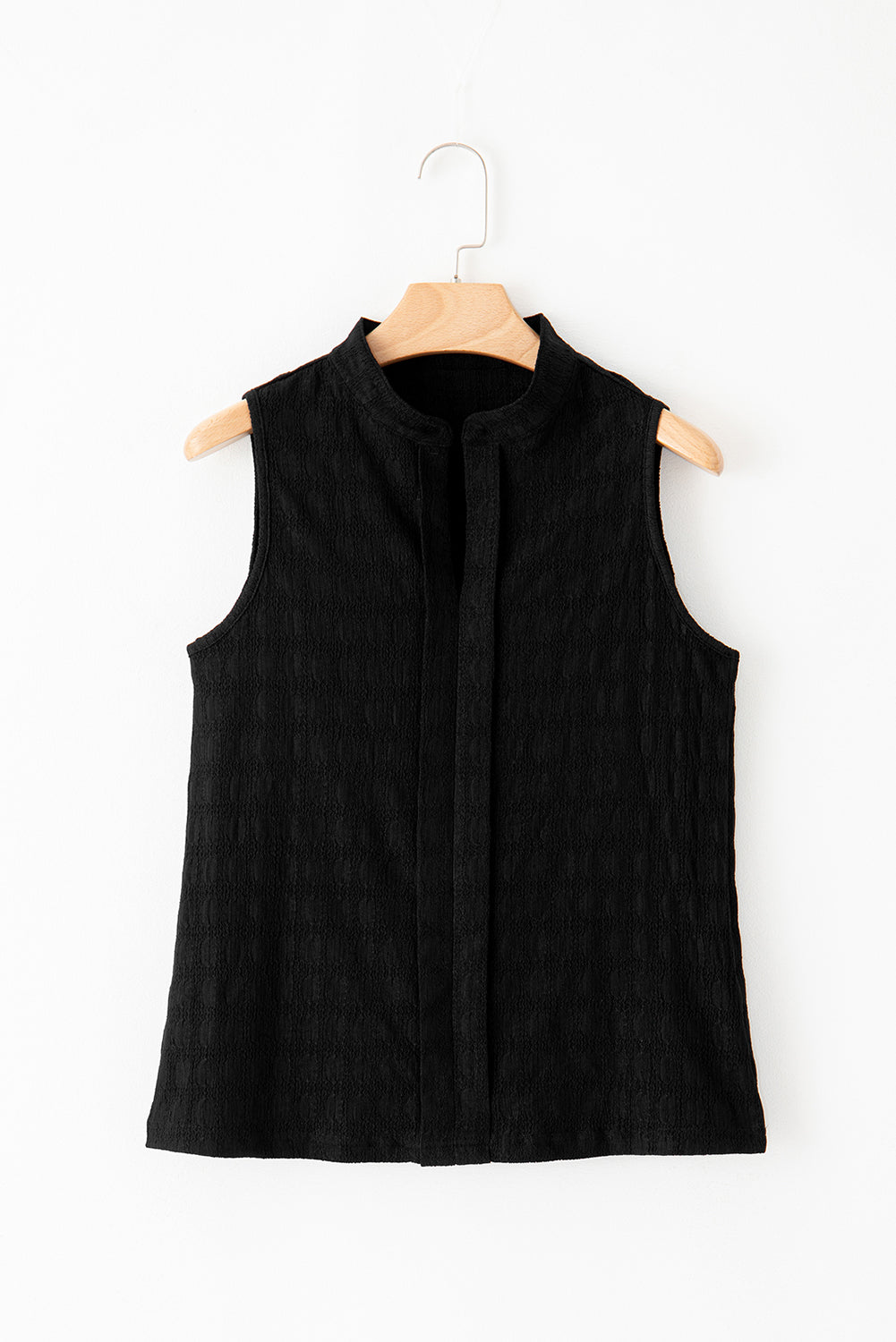 Chic black lattice textured sleeveless split neck top