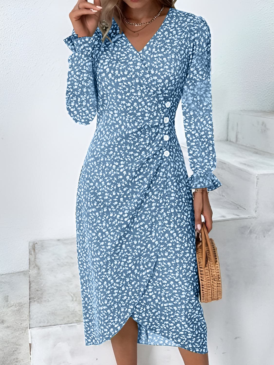 Full Size Printed Surplice Long Sleeve Midi Dress.