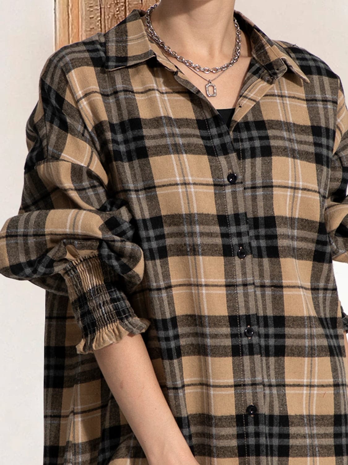 Chic button-up plaid shirt dress with long sleeves