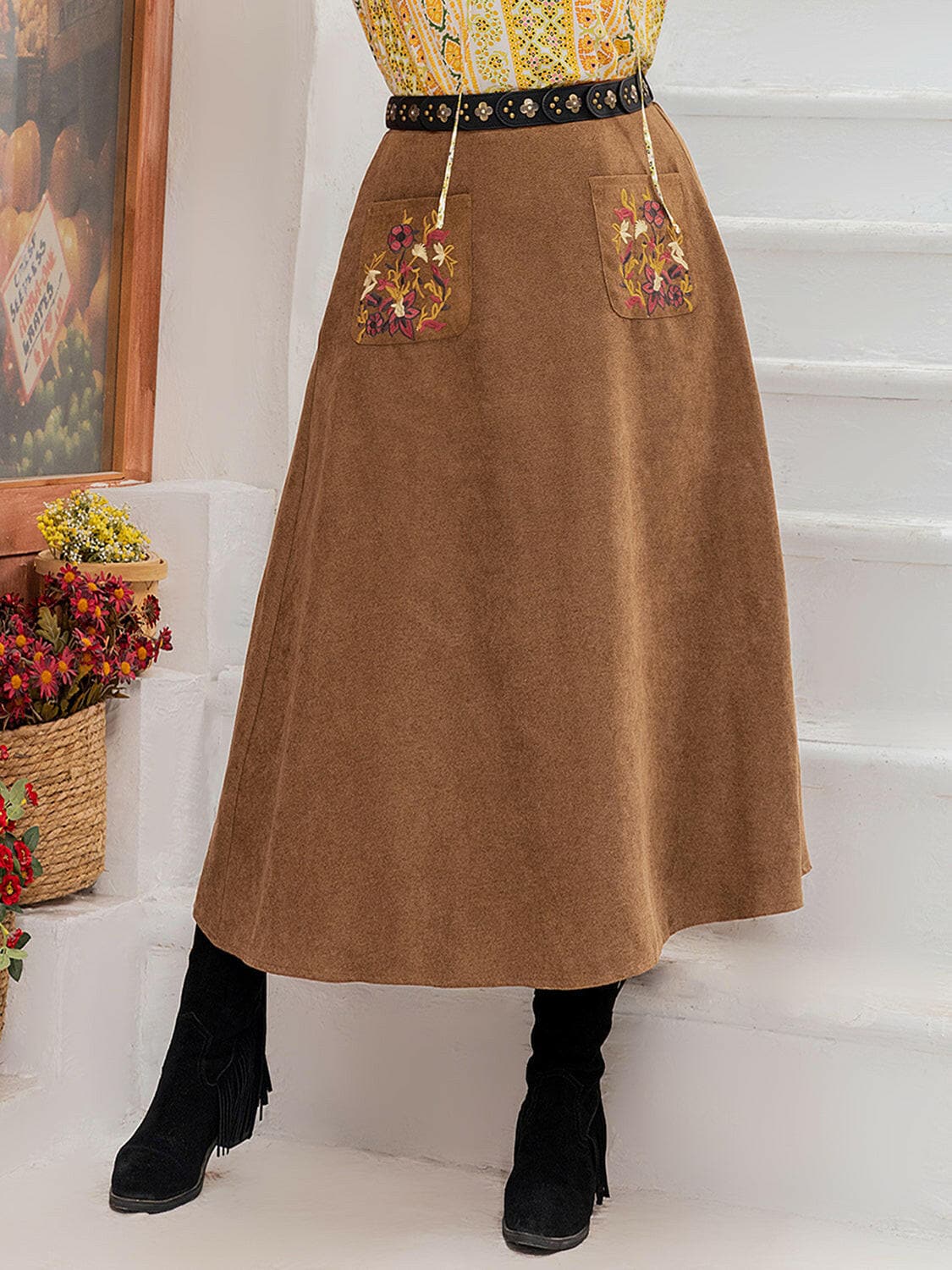 Plus Size Embroidered Pocketed High Waist Skirt.