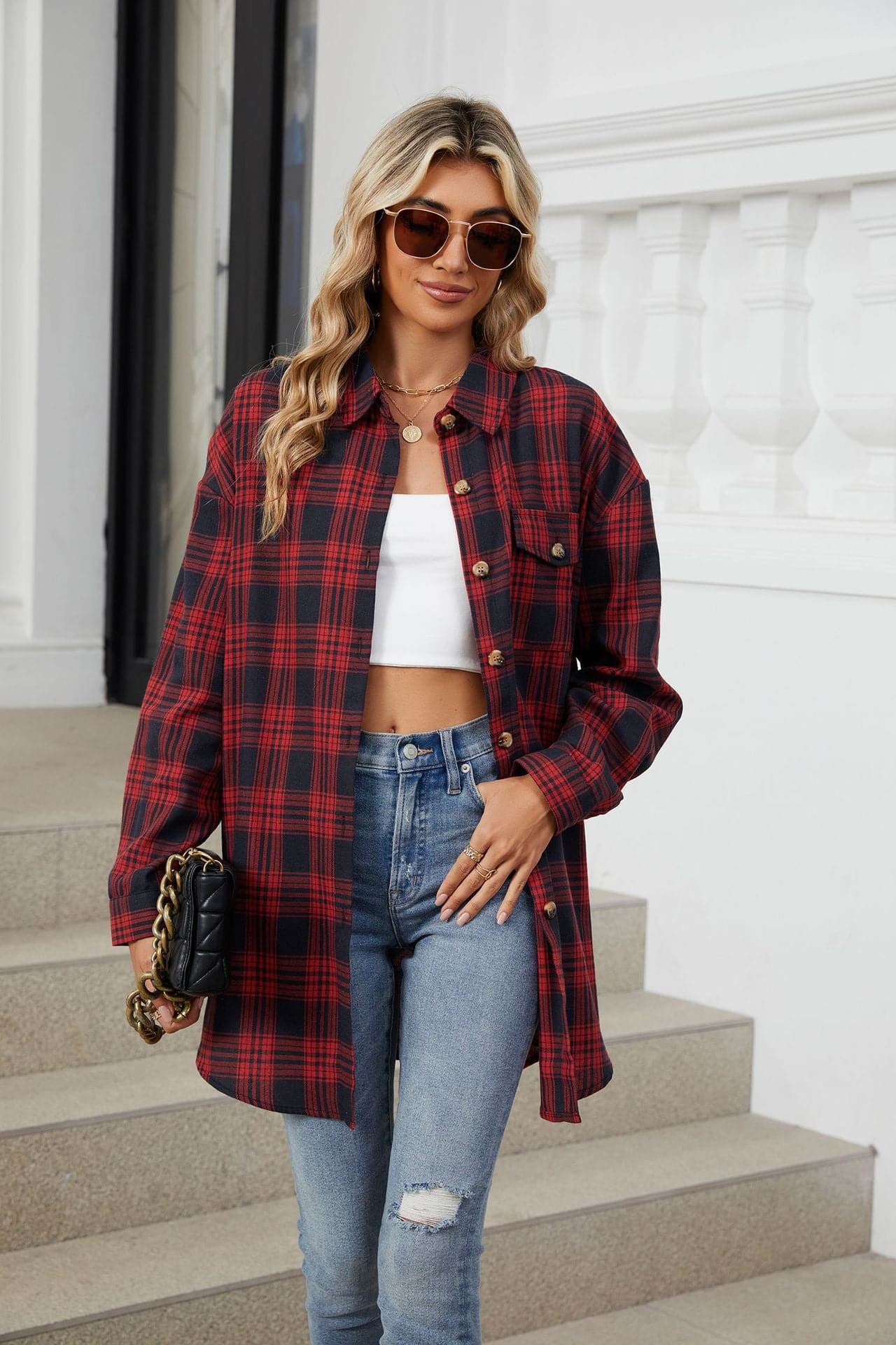 Plaid Collared Neck Long Sleeve Shirt.