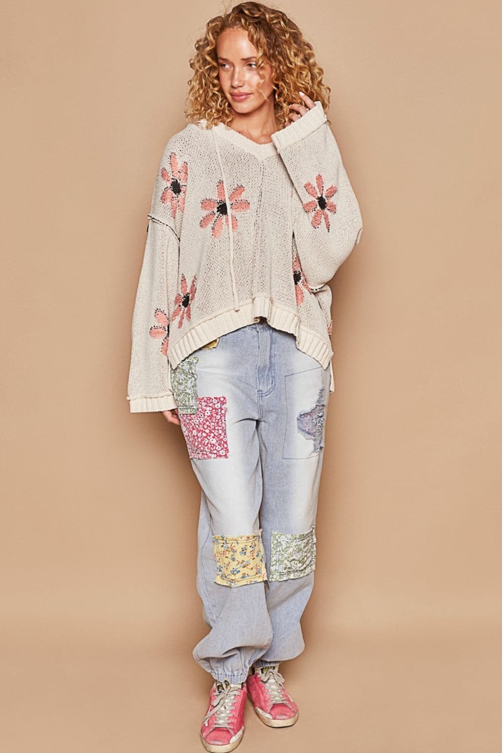 Floral hooded high-low sweater with stylish slit detail