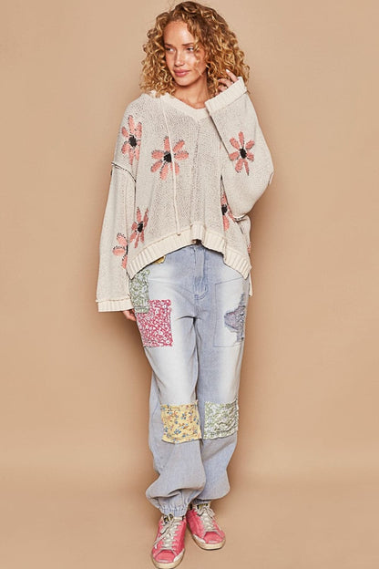 Floral hooded high-low sweater with stylish slit detail