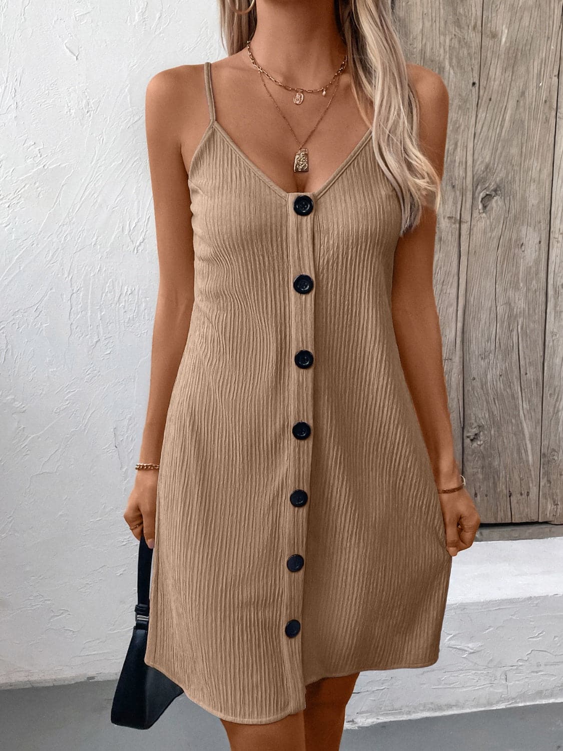 Textured V-Neck Sleeveless Mini Cami Dress.