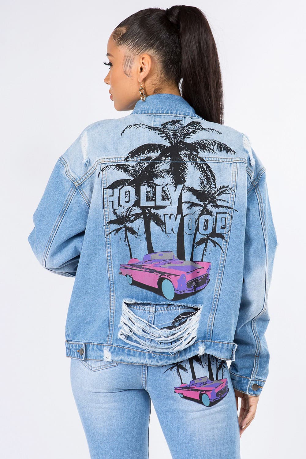 American Bazi Graphic Distressed Long Sleeve Denim Jacket.