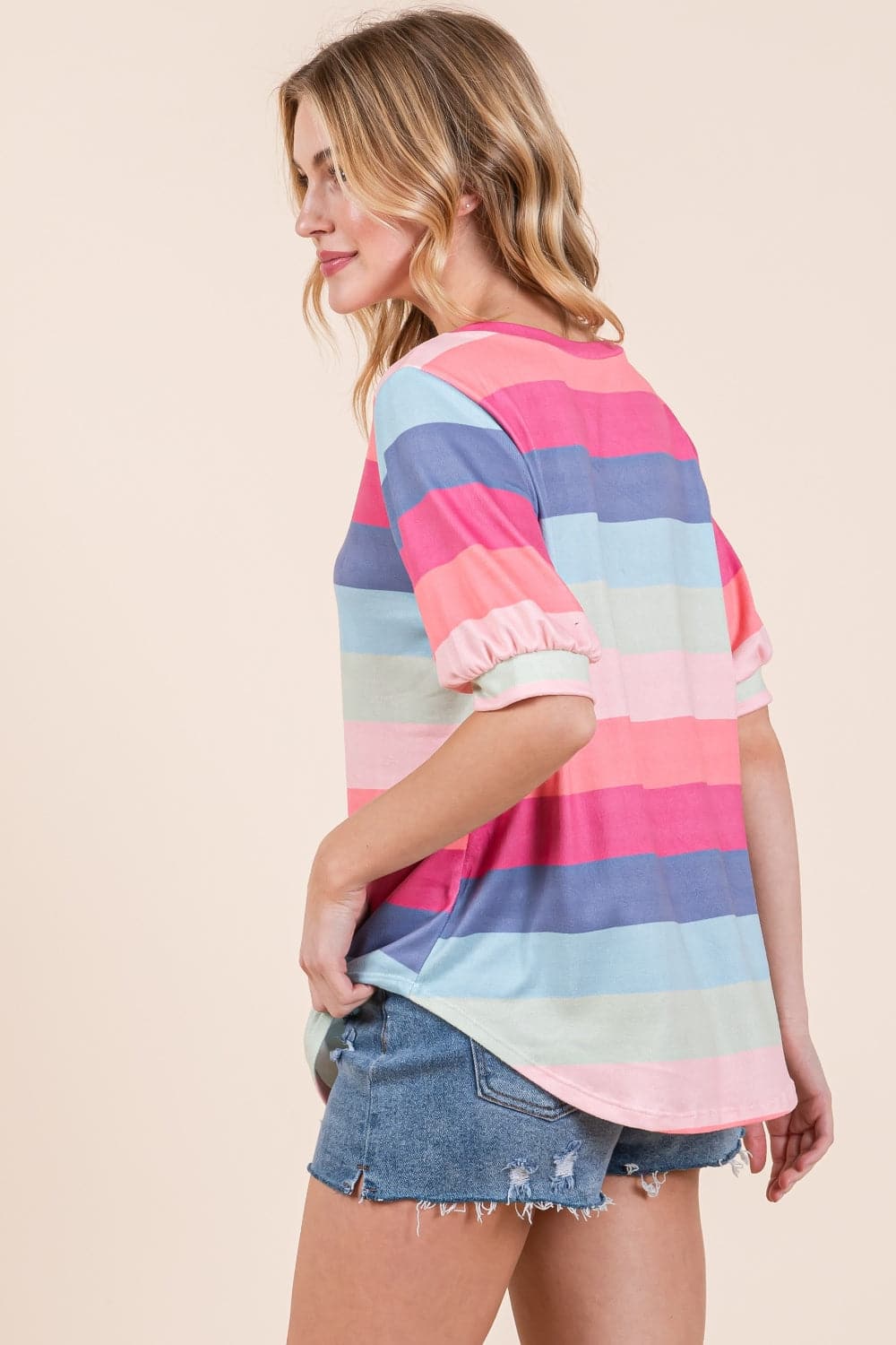 BOMBOM Striped Round Neck Half Sleeve T-Shirt.