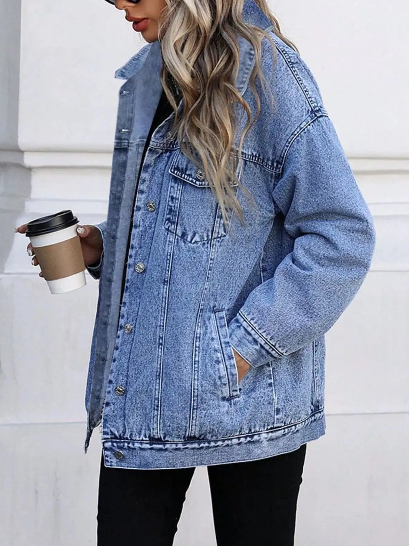 Washed Oversized Denim Jacket With Button Front And Pockets Simply Love