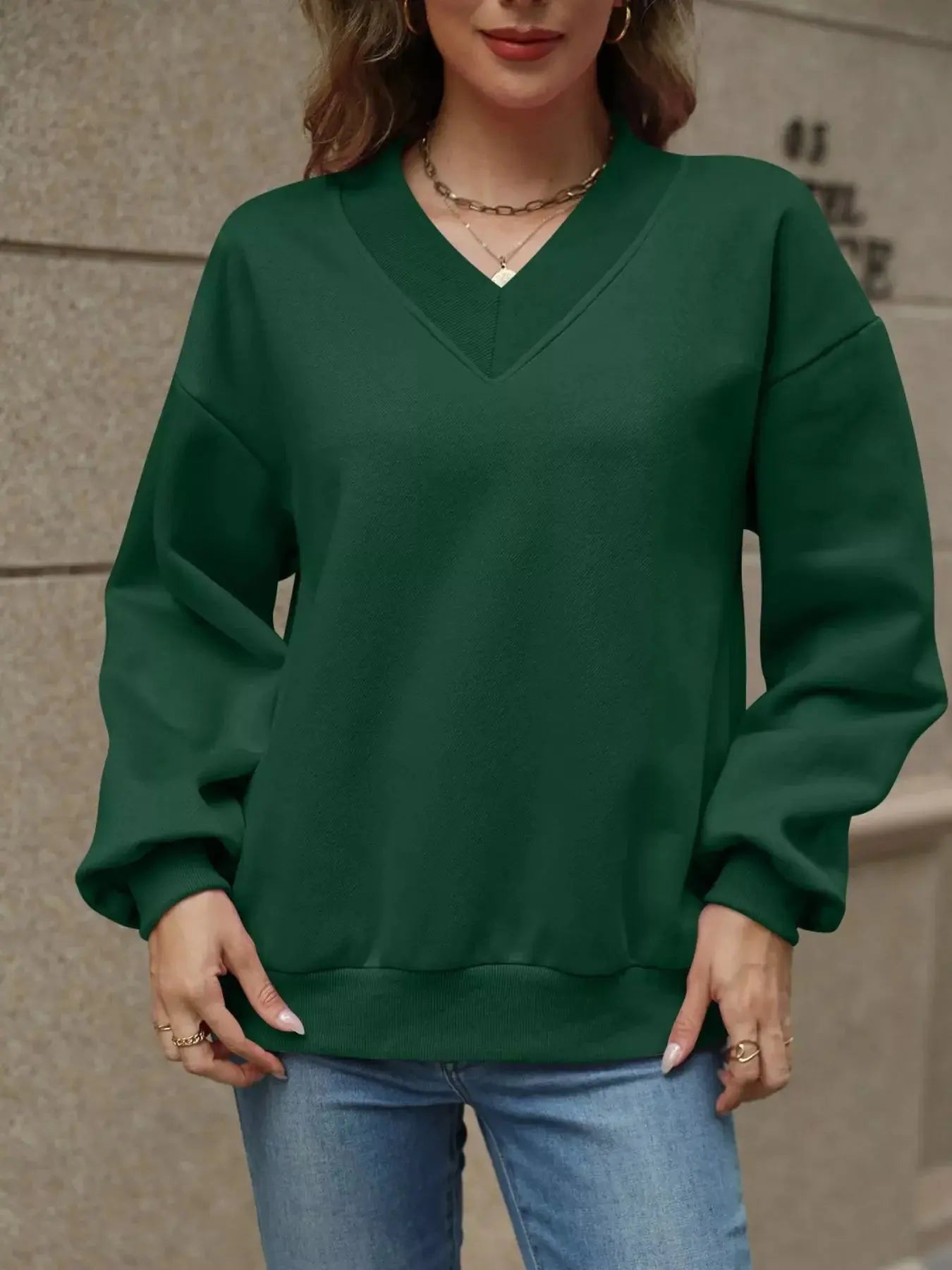 V-Neck Solid Color Casual Sweatshirt Simply Love