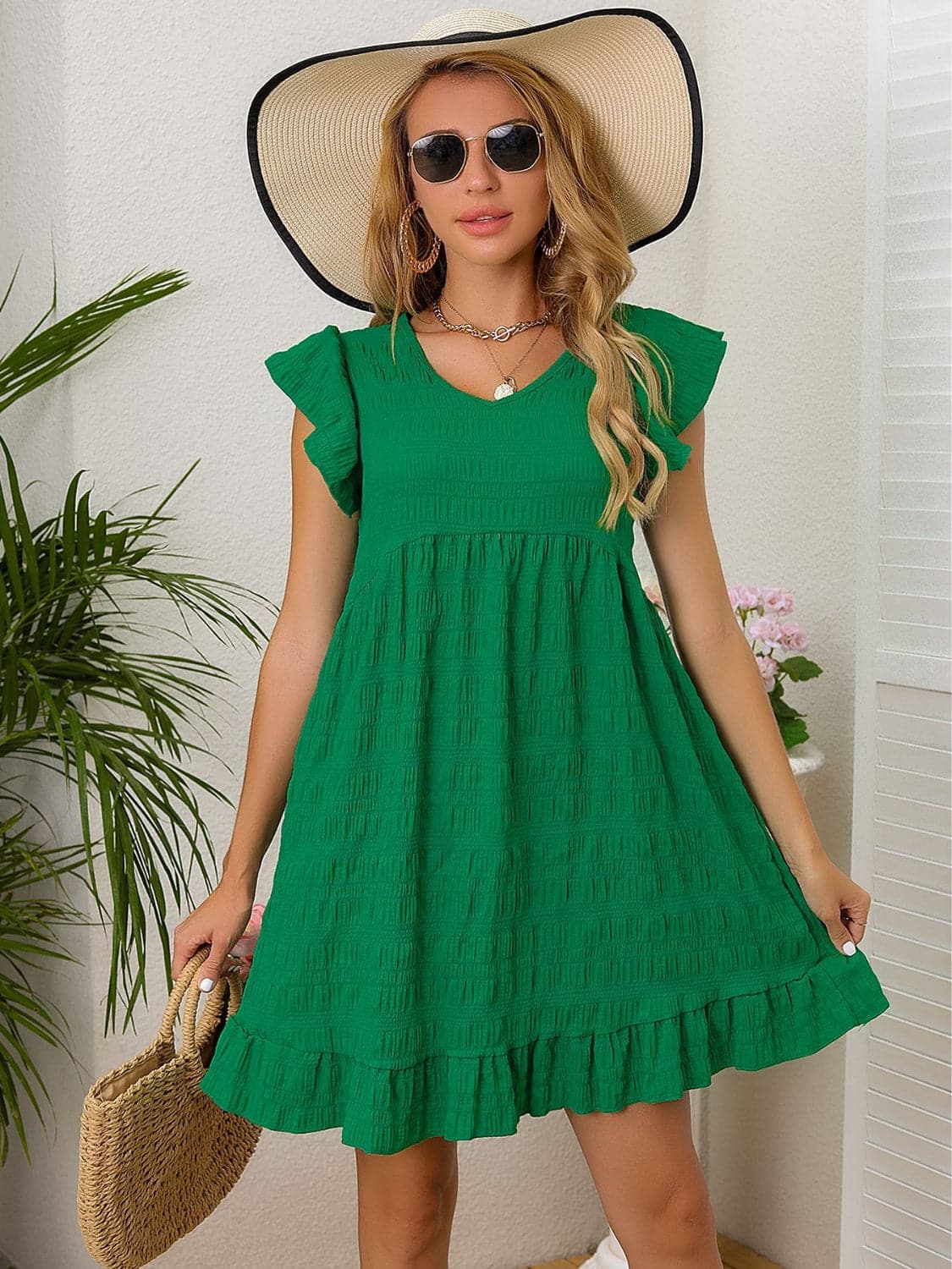 Ruffled Cap Sleeve Mini Dress.