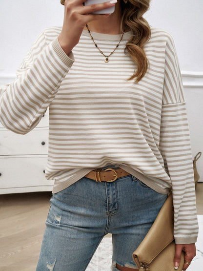 Striped Round Neck Dropped Shoulder Sweater.