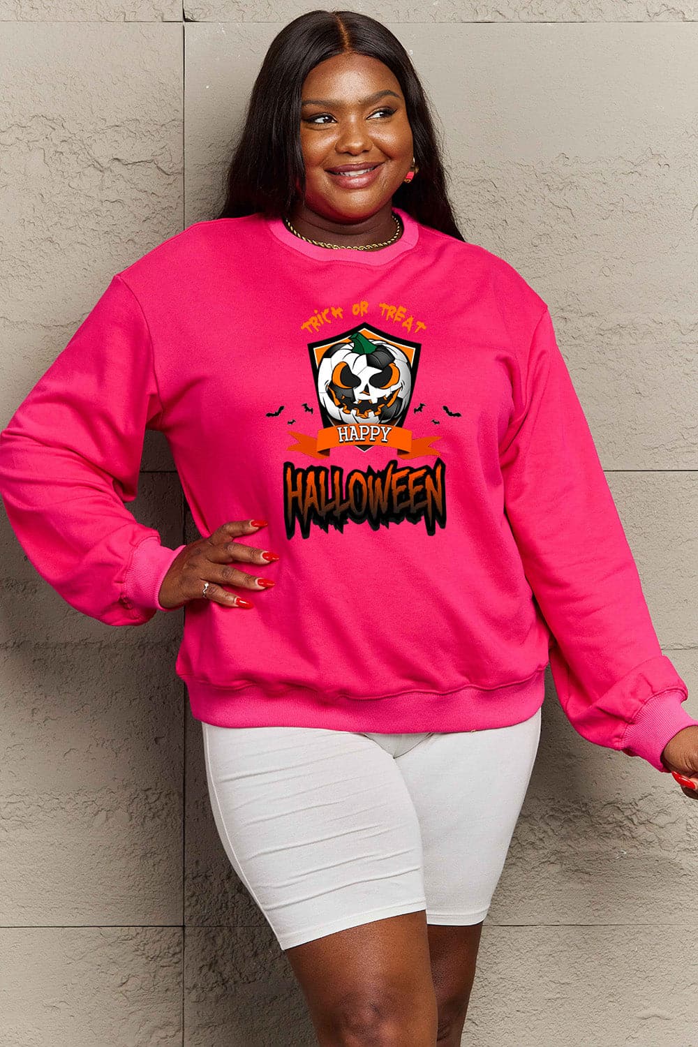 Simply Love Full Size TRICK OR TREAT HAPPY HALLOWEEN Graphic Sweatshirt.