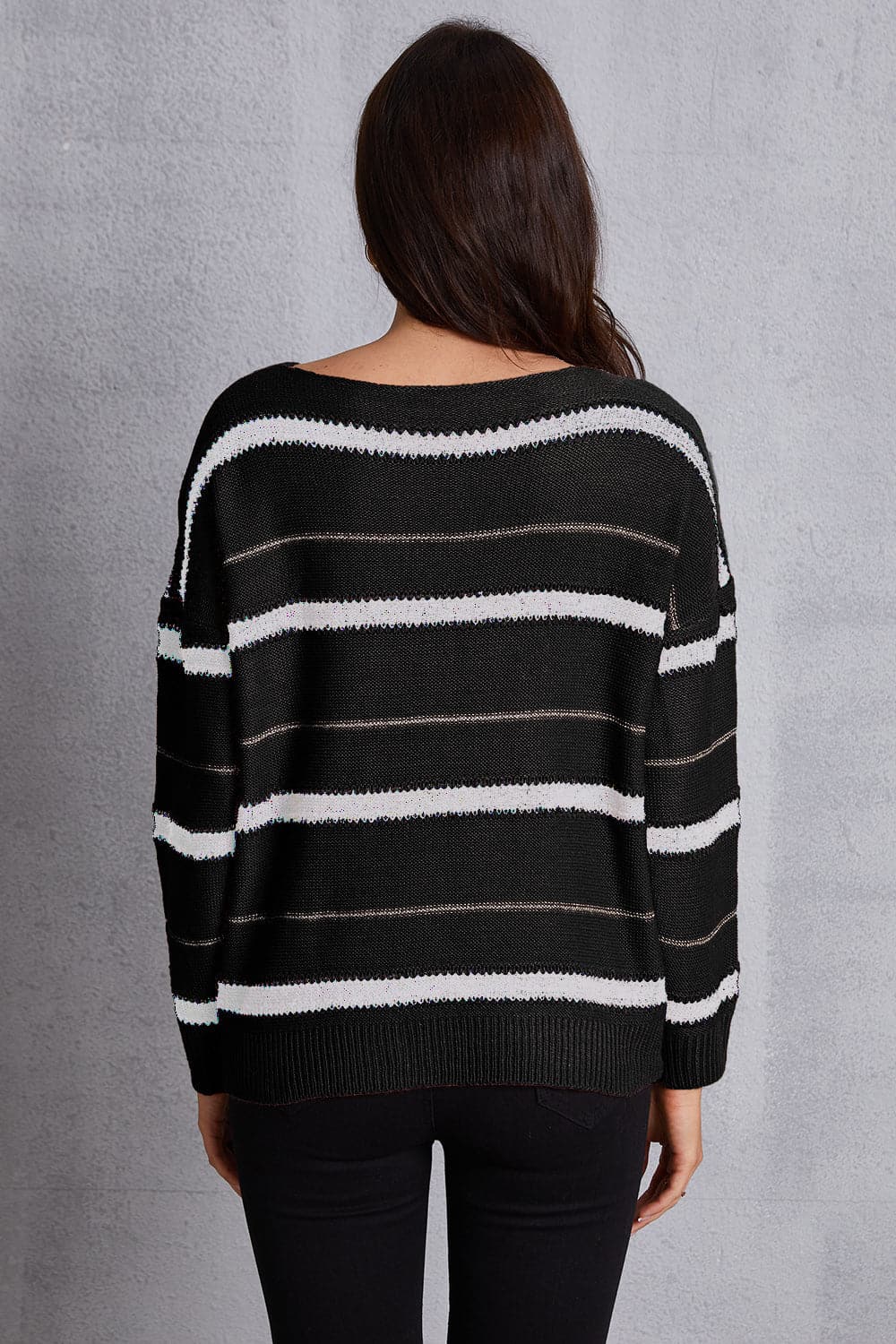 Striped Round Neck Dropped Shoulder Sweater.