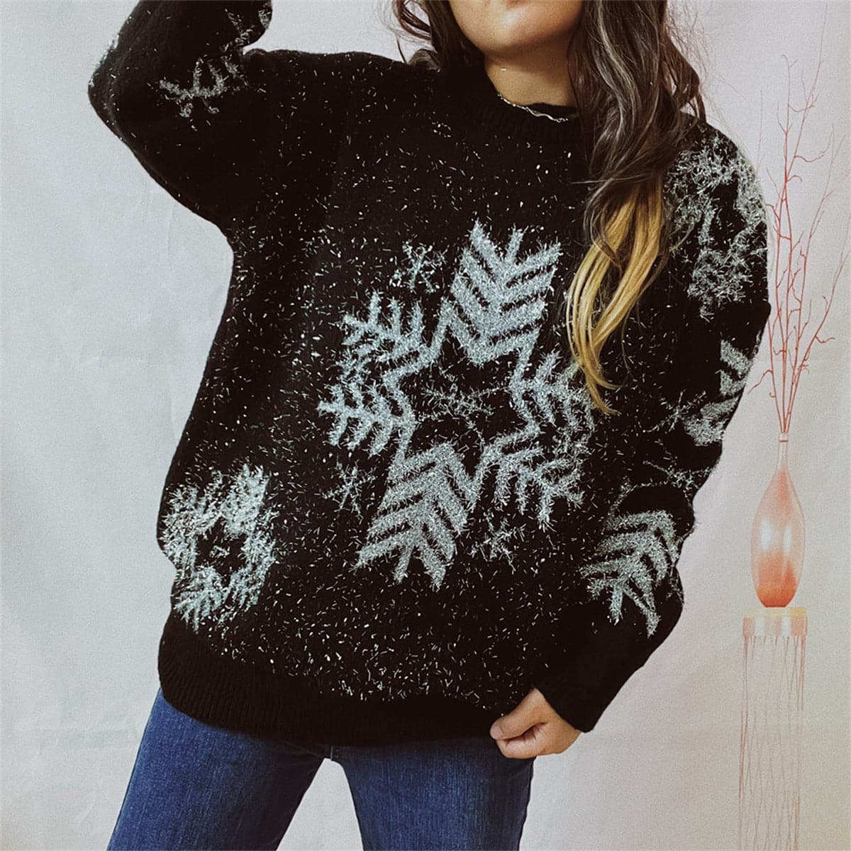 Snowflake Pattern Long Sleeve Sweater.