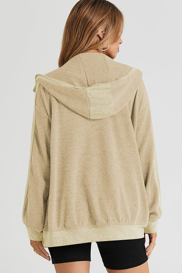 Pocketed Zip Up Dropped Shoulder Hooded Jacket.