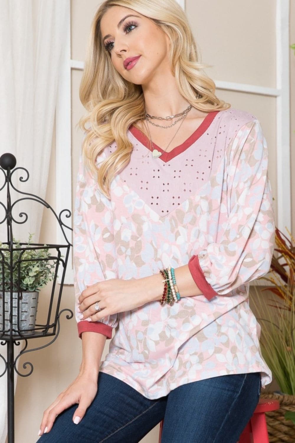 Celeste Full Size Leaf Print Contrast Trim Balloon Sleeve Top.