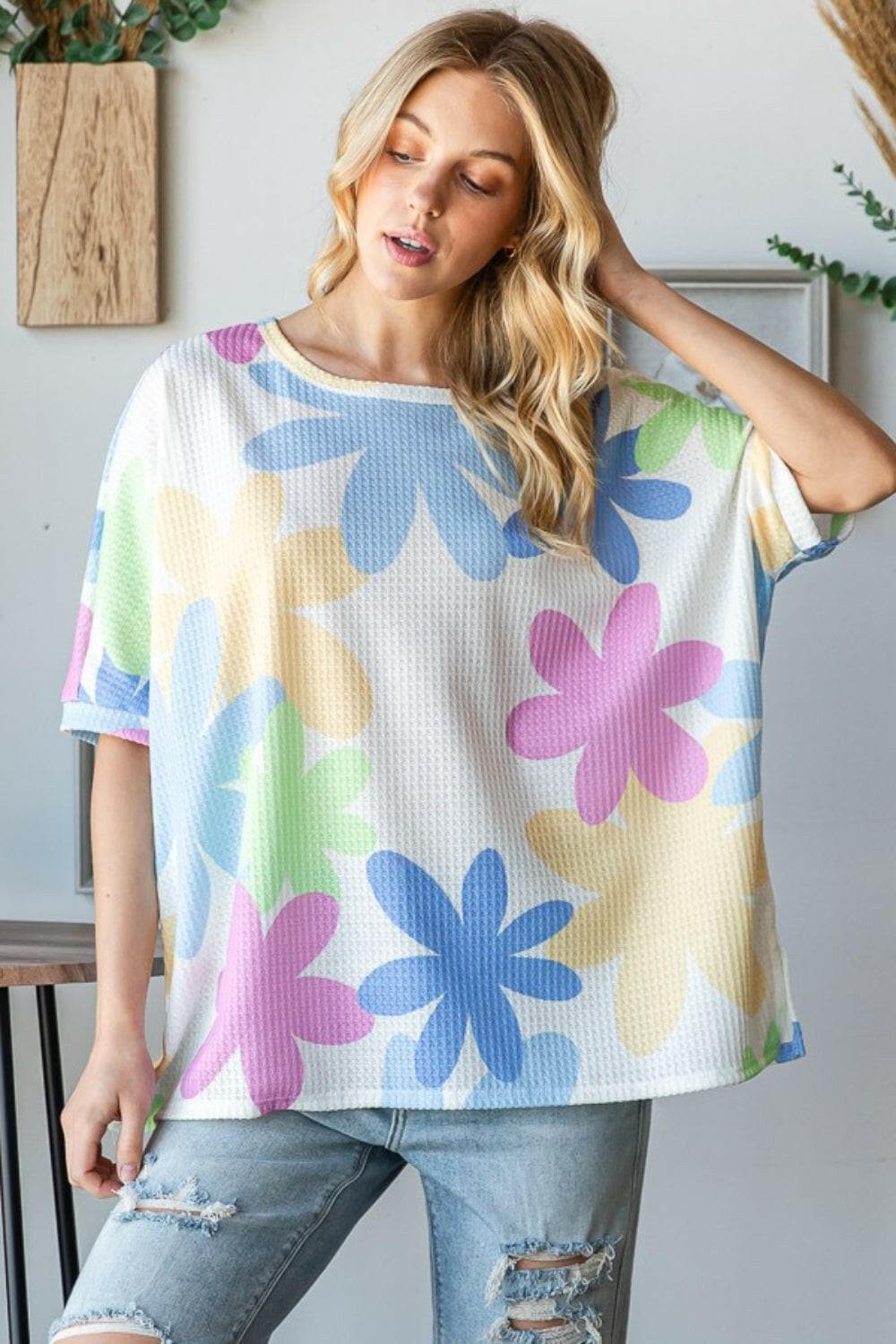 HOPELY Floral Round Neck Waffle T-Shirt.